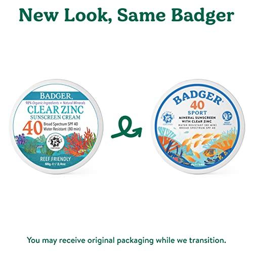 Badger Badger Coral Reef Safe Sunscreen Tin, SPF 40 Zinc Oxide Sunscreen, Broad Spectrum, Water Resistant, Travel Size Sunscreen, Sun Skin Care, Unscented, 2.4 oz
