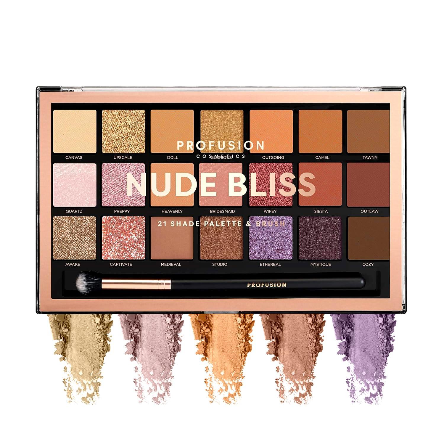Profusion Cosmetics Profusion Cosmetics Nude Bliss 21 Shade Eyeshadow Palette and Pro Series Brush, Unleash Creativity and Get Glam With Richly Pigmented Eyeshadow, Luxurious and Versatile Makeup Kit for Stunning Looks