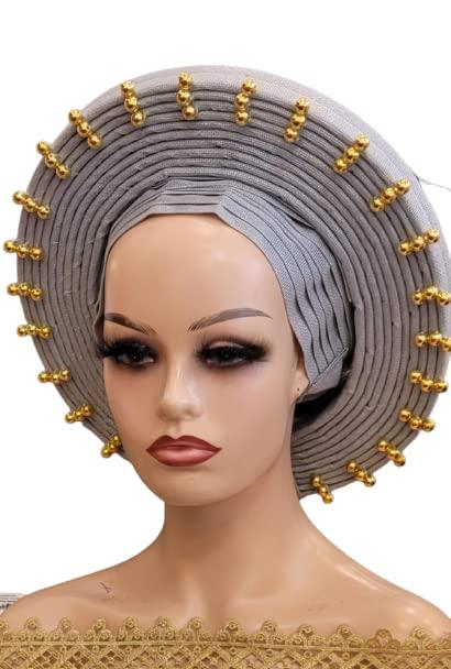 Generic African Women Fashion Wedding Head Turban African Nigerian Head Wraps Plain Auto Gele Turban (Gray)