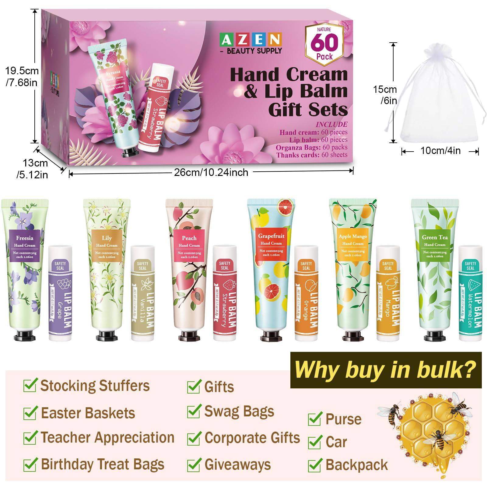 AZEN AZEN 60 Sets Hand Cream Bulk and Lip Balm Bulk Set, Bridal Shower Gifts for Guests with Organza Bag Thank You Card, Thank You Gifts for Coworkers Women Men, Bridal Wedding Favors for Guests