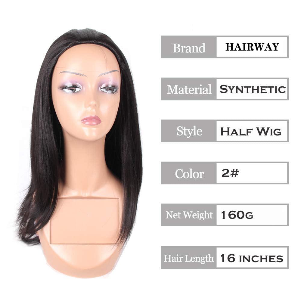 HAIRWAY Half Wig Quick Wear Weave Wigs for Women Straight Synthetic Hair 16 Inch 3/4 Half Up Half Down Wig Perfect Hairline Wig Japanese Fiber Wigs (#2 Darkest Brown)