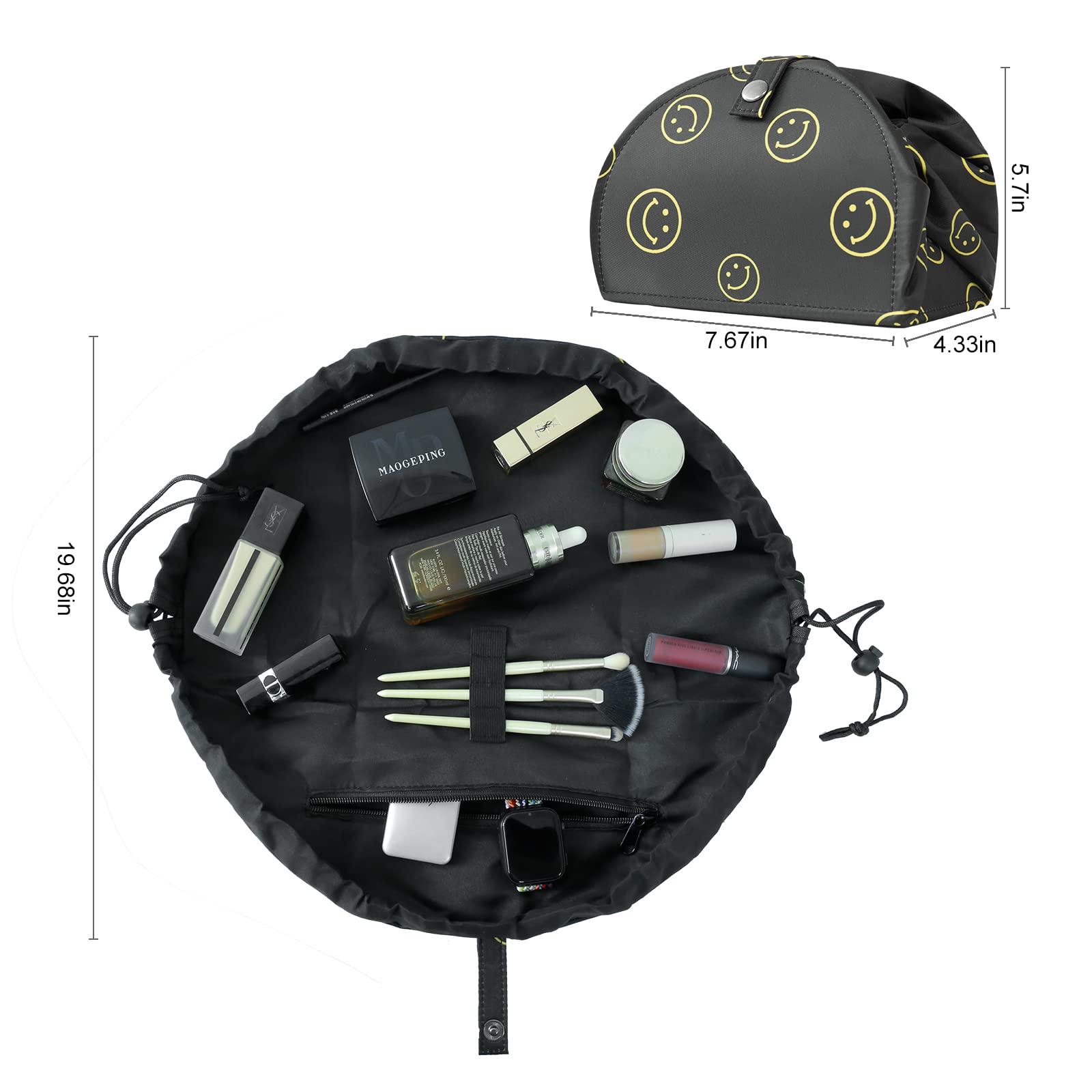 MESTOOTH MESTOOTH Drawstring Makeup Bag Open Lay Flat,Large Capacity Cosmetic Bag For Women Purse With Compartments,Travel Toiletry Bag Accessories Organize (Green) (black)