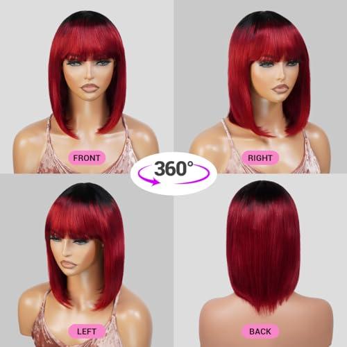 INSTANT FAB INSTANT FAB Medium Bob Wigs Human Hair with China Bangs for Black Women Straight Bob with Bangs Human Hair Non Lace Front Wigs  Spinel (12 inch (1Pack), OT1B/BURG (Ombre tipped offblack burgundy))