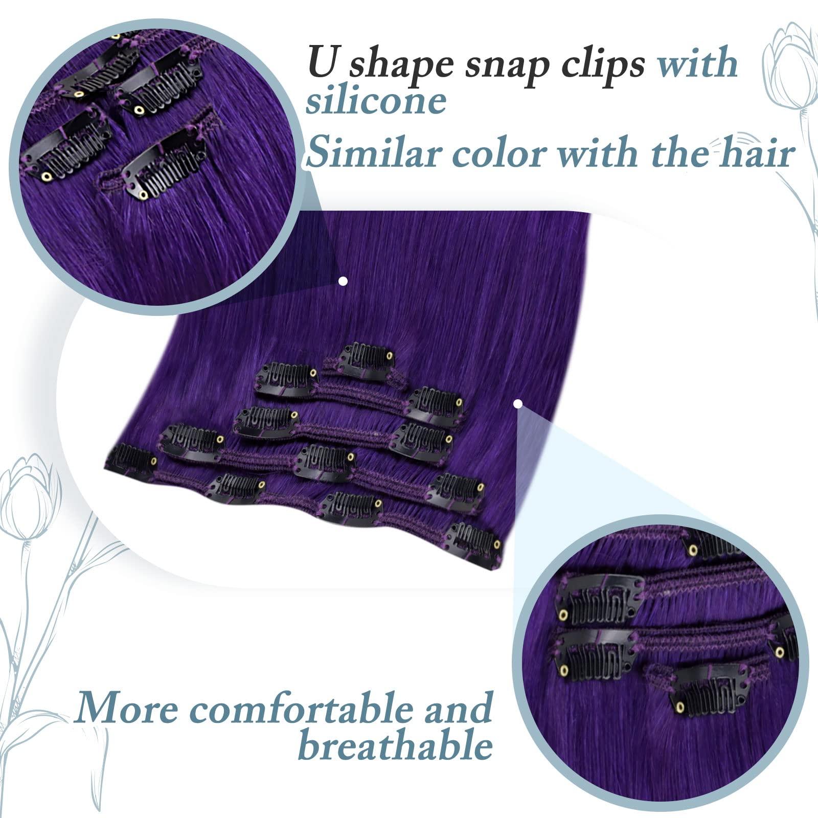 RUNATURE Purple Hair Extensions Bundles: Clip in Hair Extensions Real Human Hair Dark Purple 25g/5pcs and 70g/5pcs 16 Inch Full Head Colored Hair Extensions Purple Clip in Extensions
