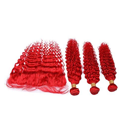 General Peruvian Remy Hair Bundles with Frontal Deep Wavy Mixed Length 13 with 4 Inches Red Frontal Lace Closure with Bundles