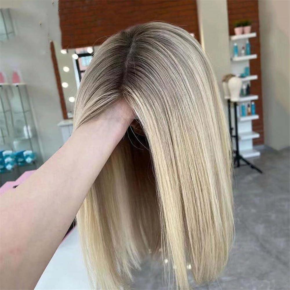 Generic 13X4 Silk Base Lace Front Wig Brown Ash Blonde Highlight Wig Lace Frontal Short Bob Human Hair Wigs For Women Highlight Wig 2 12inches#Silk Top 150 Density