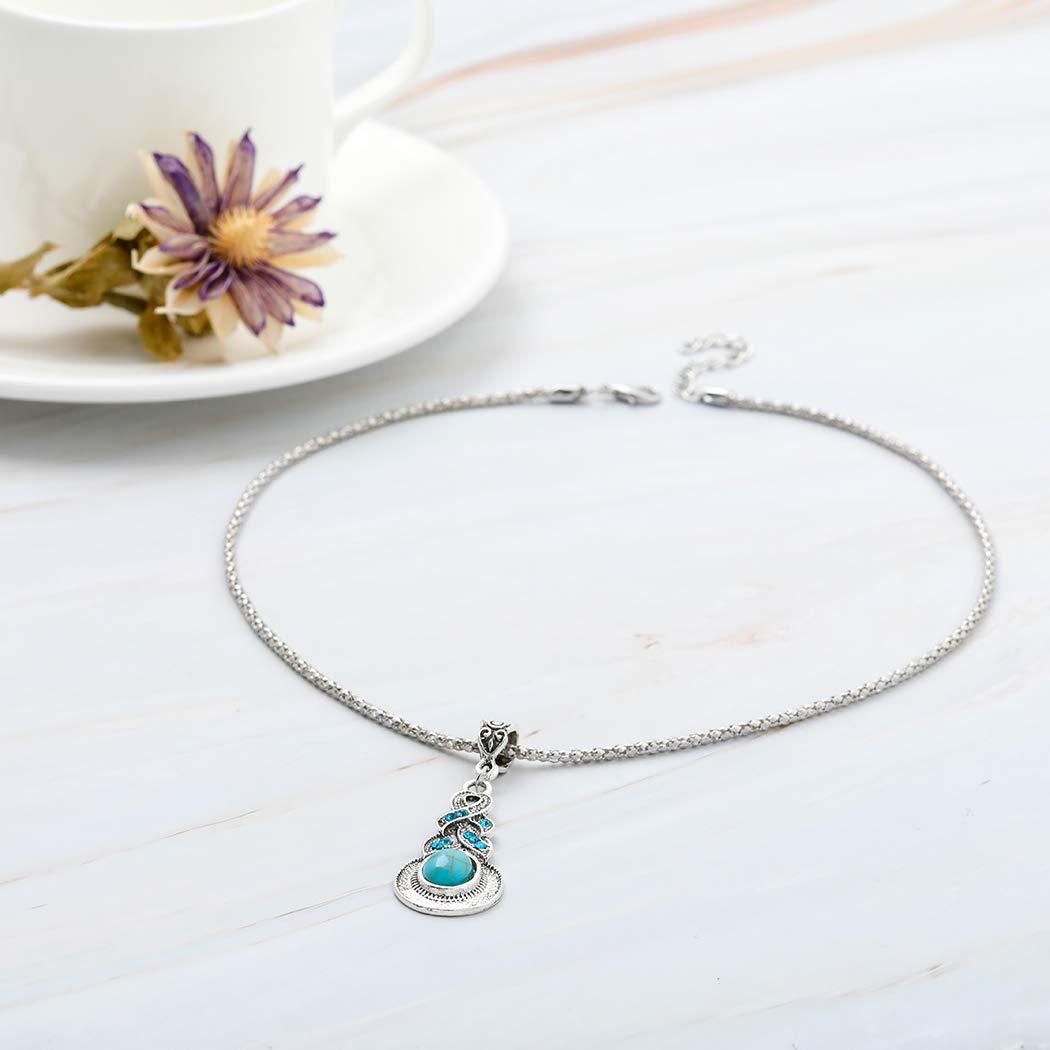 Edary Edary Bohemian Necklace Turquoise Pendant Necklaces Silver Necklace Chain Jewelry for Women