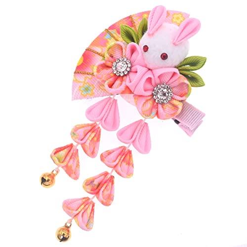 MIAO WU Japanese Hair Clips Kimono Flower HairPin, Women Girls Kimono Hanfu Rabbit Hair Accessories Kanzashi Flower Hair Tie Band Clip Gift (Pink)