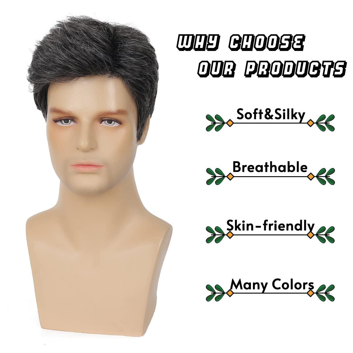 Sallcks Sallcks Mens Short Black Grey Wig Natural Layered Costume Halloween Wigs Synthetic Heat Resistant Hair Replacement Wigs for Male Guys (Black Mixed Grey)