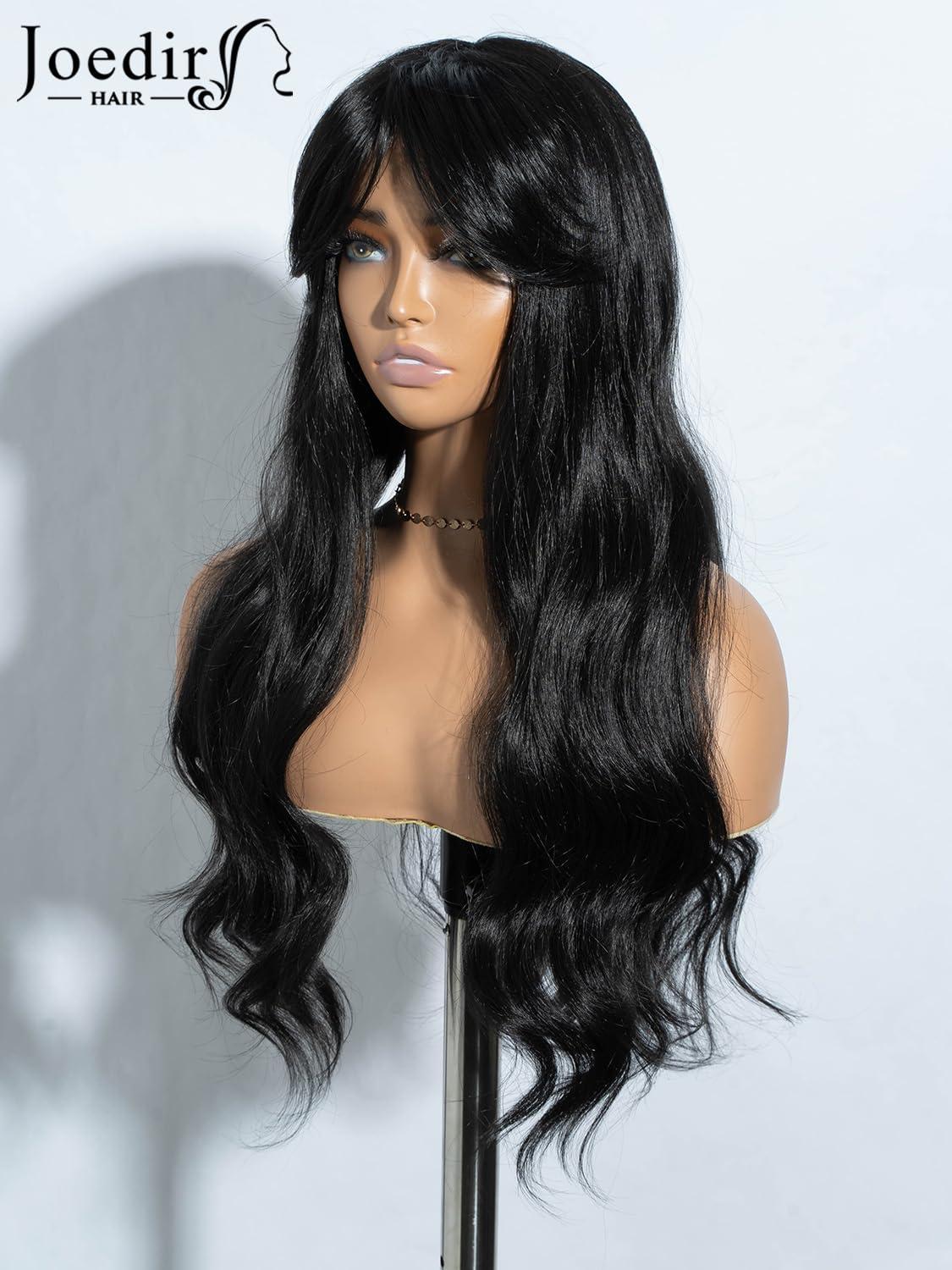 JOEDIR HAIR JOEDIR HAIR Black Wig with Bangs Long Wavy Wigs for Women Curtain Bangs Wig 26 Inch Synthetic Wig Halloween Costumes Cosplay Party Wigs