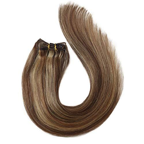Munx Clip in Hair Extensions Brown and Blonde Highlights Real Human Hair Extensions 18 inches 70g Silky Straight Clip on Remy Balayage Hair Extension Full Head 7 Pcs