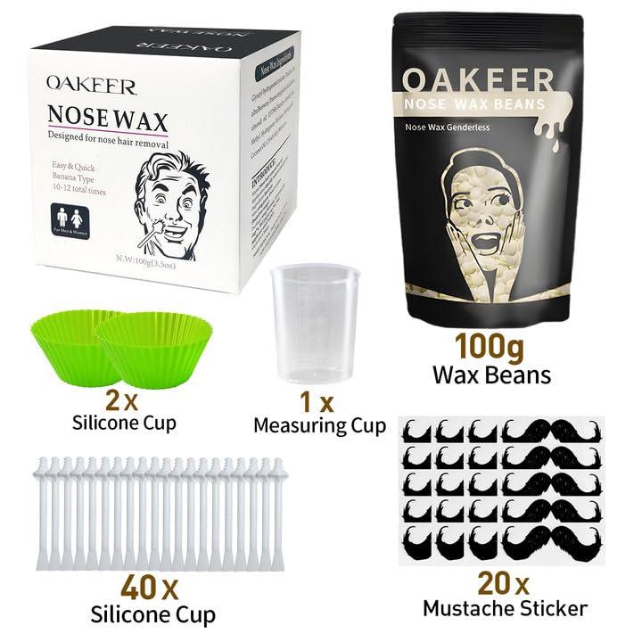 OAKEER Oakeer Nose Wax Kit - 40 Sticks, Hair Remover for Men & Women, Ears & Nose, with 20 Paper Cups & 100g Wax