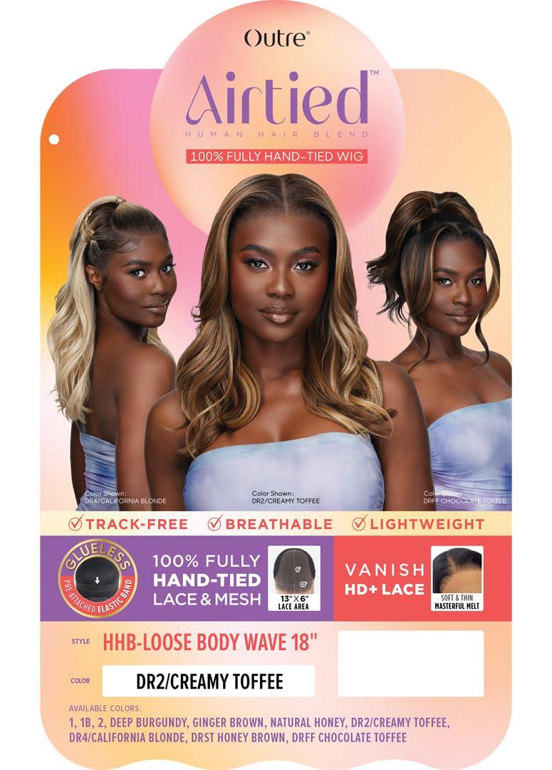 Outre Outre Airtied 100% Fully Hand-Tied Wig - Human Hair Blend - Loose Body Wave 18\" (DARK BROWN 2)