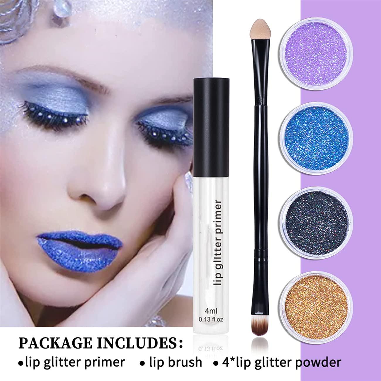LELEBEAR LELEBEAR Glitter Lip Gloss Set, 4 Colors Diamond Glitter Metallic Lipstick Waterproof and Stain Resistant Lip Balm with Lip Gloss and Brush (Cool colors, Medium)