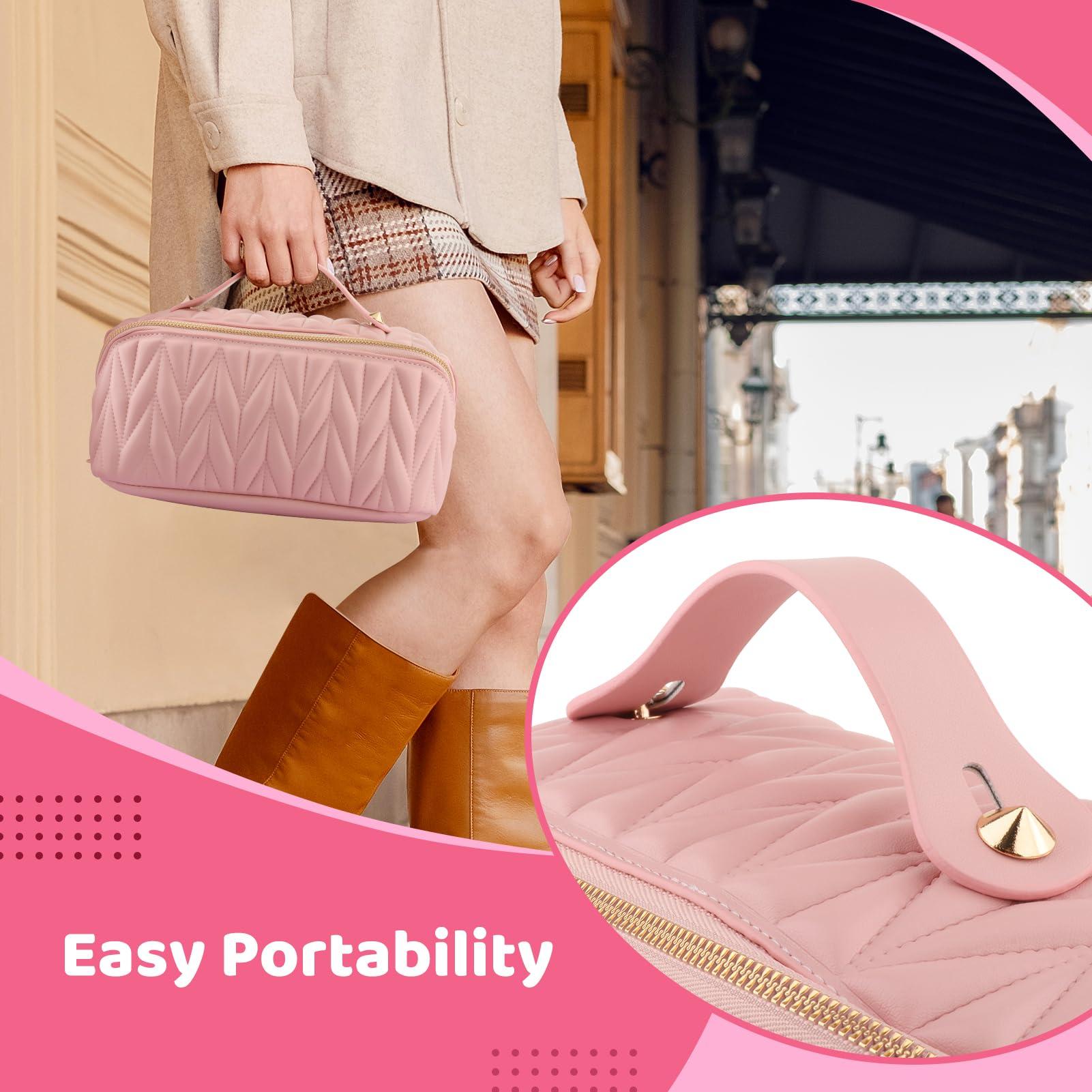 QLoztyse QLoztyse Lay Flat Makeup Bag - Portable Large Capacity Travel Cosmetic Bags Waterproof PU Leather Toiletry Organizer with Handle and Divider for Women, Pink