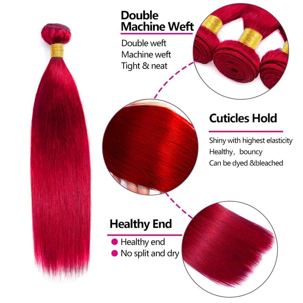 ZevPiul 26 28 30 Inch Red Straight Bundles Wine Red Bundles Human Hair Weave Brazilian Virgin Remy Human Hair Extensions Red Straight Human Hair Bundles for Black Women
