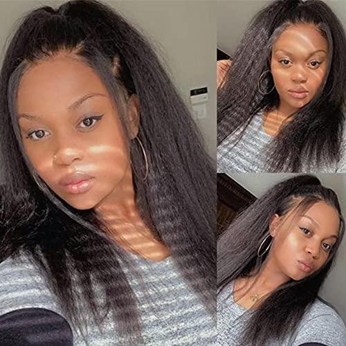 QUINLUX WIGS Curly Baby Hair Kinky Straight Wig 360 HD Invisible Lace Frontal Human Hair Wig Pre Plucked Bleached Knots Kinky Edges Yaki Transparent HD 360 Lace Front Wig Brazilian Full End Glueless Wig 26 inch
