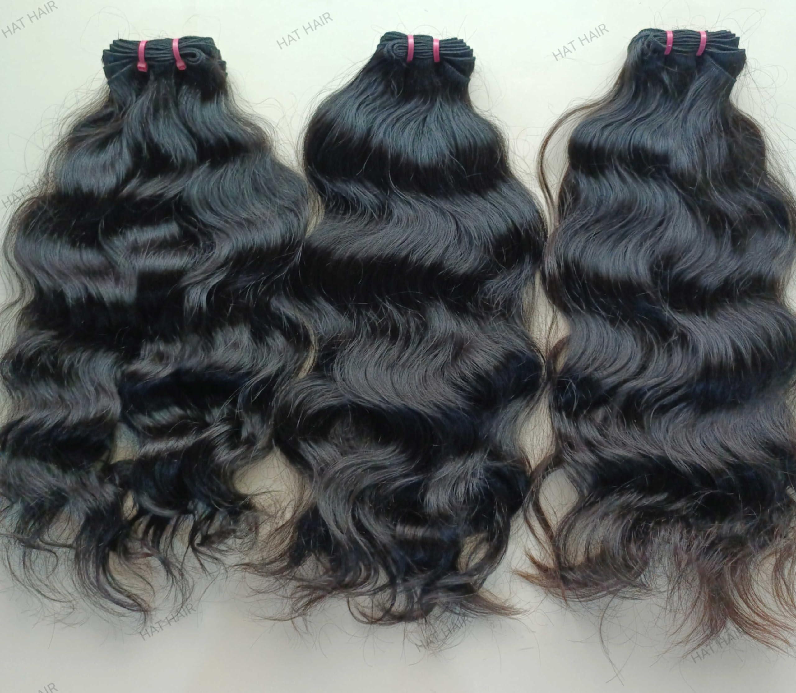 Generic 3 Bundles Indian Wavy Human Hair Extensions 300 grams - 330 grams Unprocessed Raw Hair Weft Human Hair Extensions Natural Black Color (22/24/26 Inches)