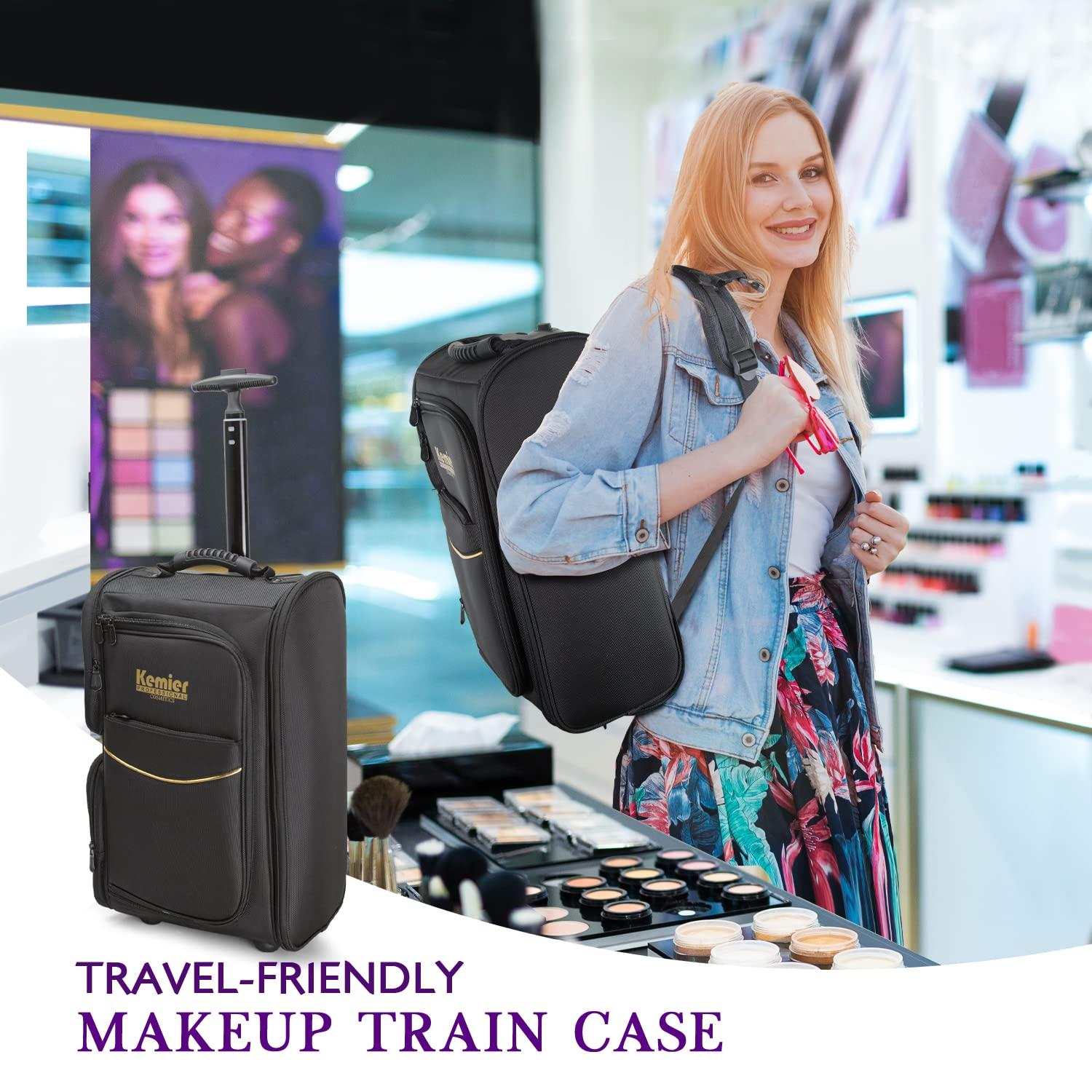 Kemier Kemier Travel Makeup Train Case - Professional Rolling Cosmetic Case Portable Artist Makeup Backpack with Wheels Large Capacity Trolley Organizer Storage Bag for Women Black