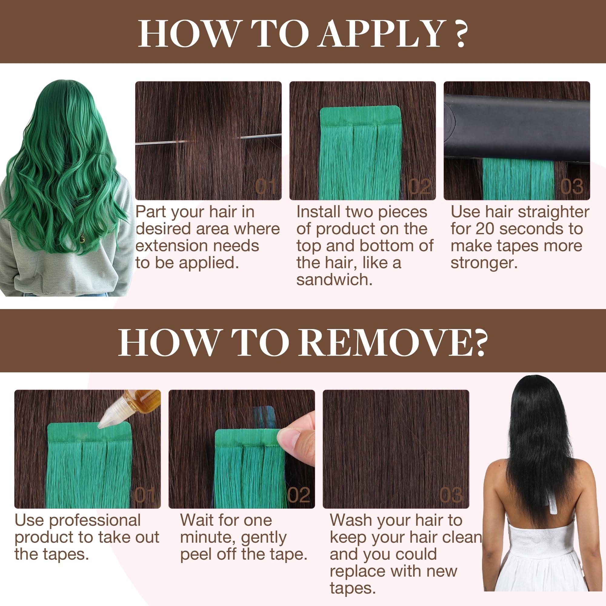 GOO GOO GOO GOO Tape in Hair Extensions Human Hair, Green, 14inch 25g 10pcs, Colored Tape ins Human Hair Extensions, Silky&Soft Invisible Tape Ins, Hair Highlighted for Party