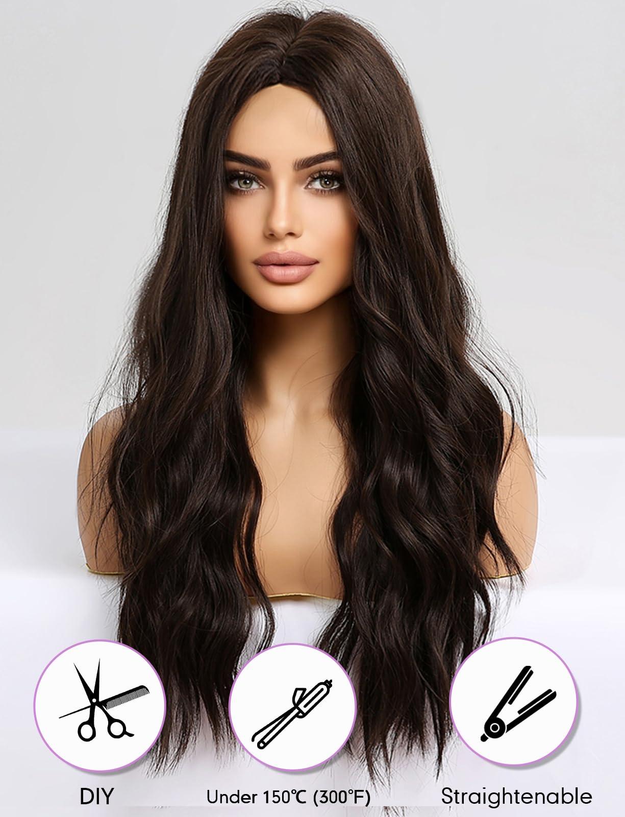 HAIRCUBE HAIRCUBE Long Dark Brown Wigs for Women Synthetic Curly Wavy Hair Wig for Daily
