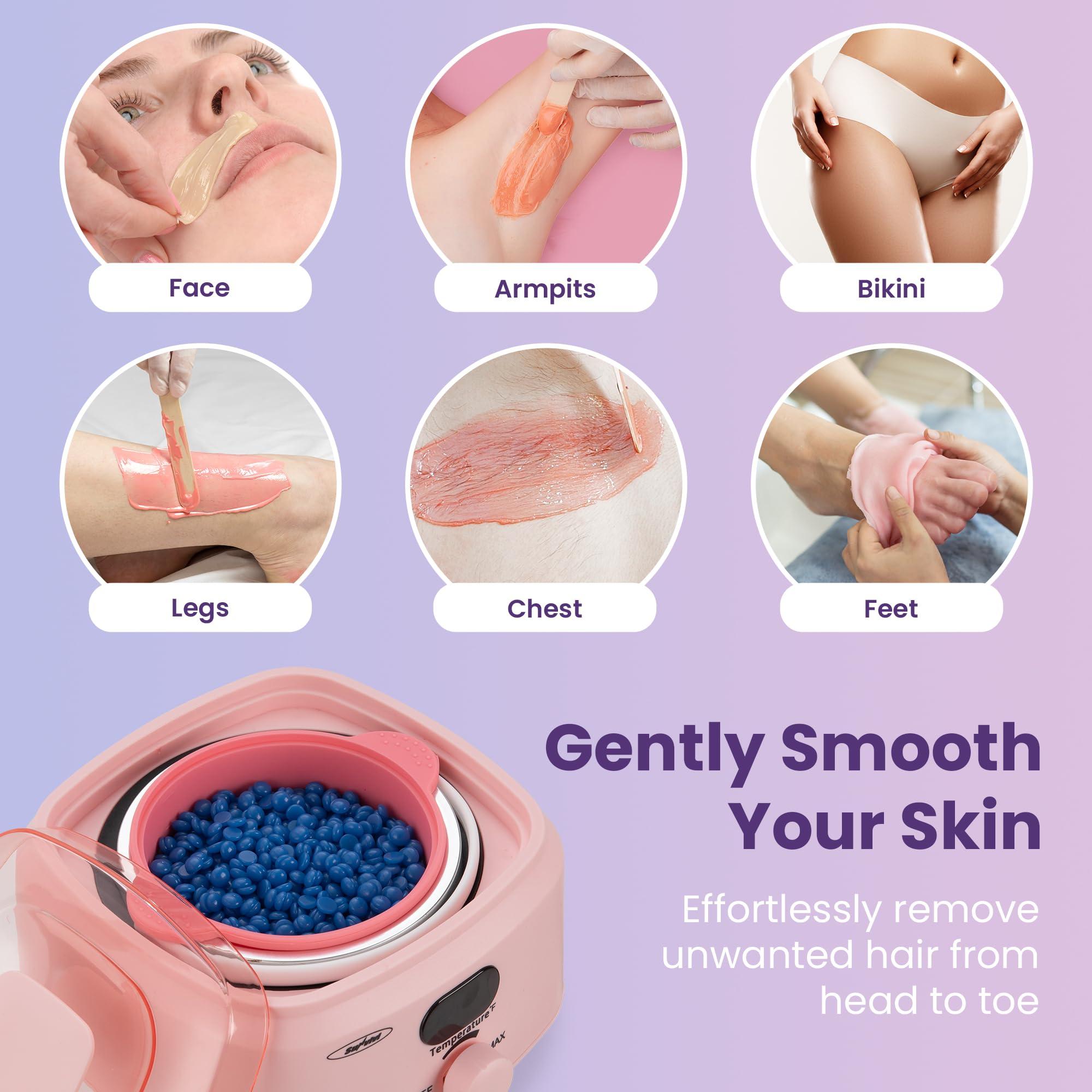Sunvivi Sunvivi Wax Kit Digital Hair Removal Waxing Kit for Women & Men, Hot Wax Warmer Pot with 5 Bag Hard Wax Beads, Wax Melt Warmer Kit for Full Body, Legs, Face, Bikini,Sensitive skin, Pink