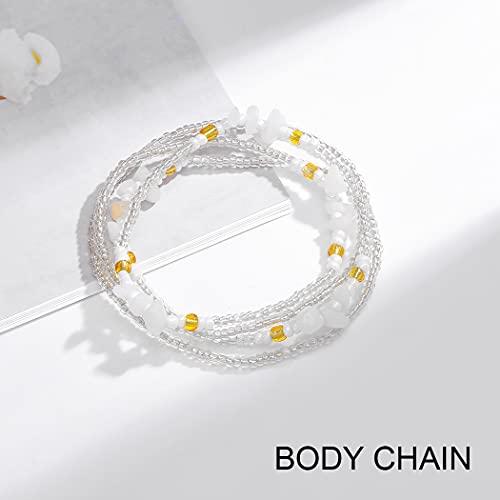 COSYDAYS Cosydays African Waist Bead Chain White Shell Turquoise Body Chains Elastic Belly Beads Boho Beaded Chain Summer Bikini Jewelry for Women and Girls