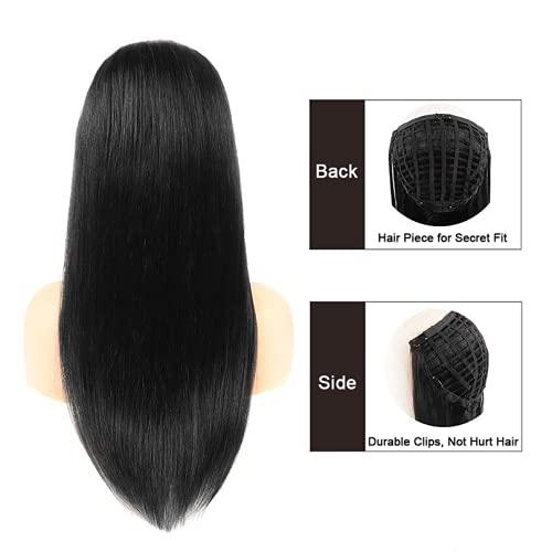RJ HAIR 14-30 Inch Half Wig With Clip in Hair Extensions Brazilian Remy Straight Hair 180 Full Density 3/4 Half Wig Human Hair Black Brown Color (28inch 130% Density, 1#(Jet Black))