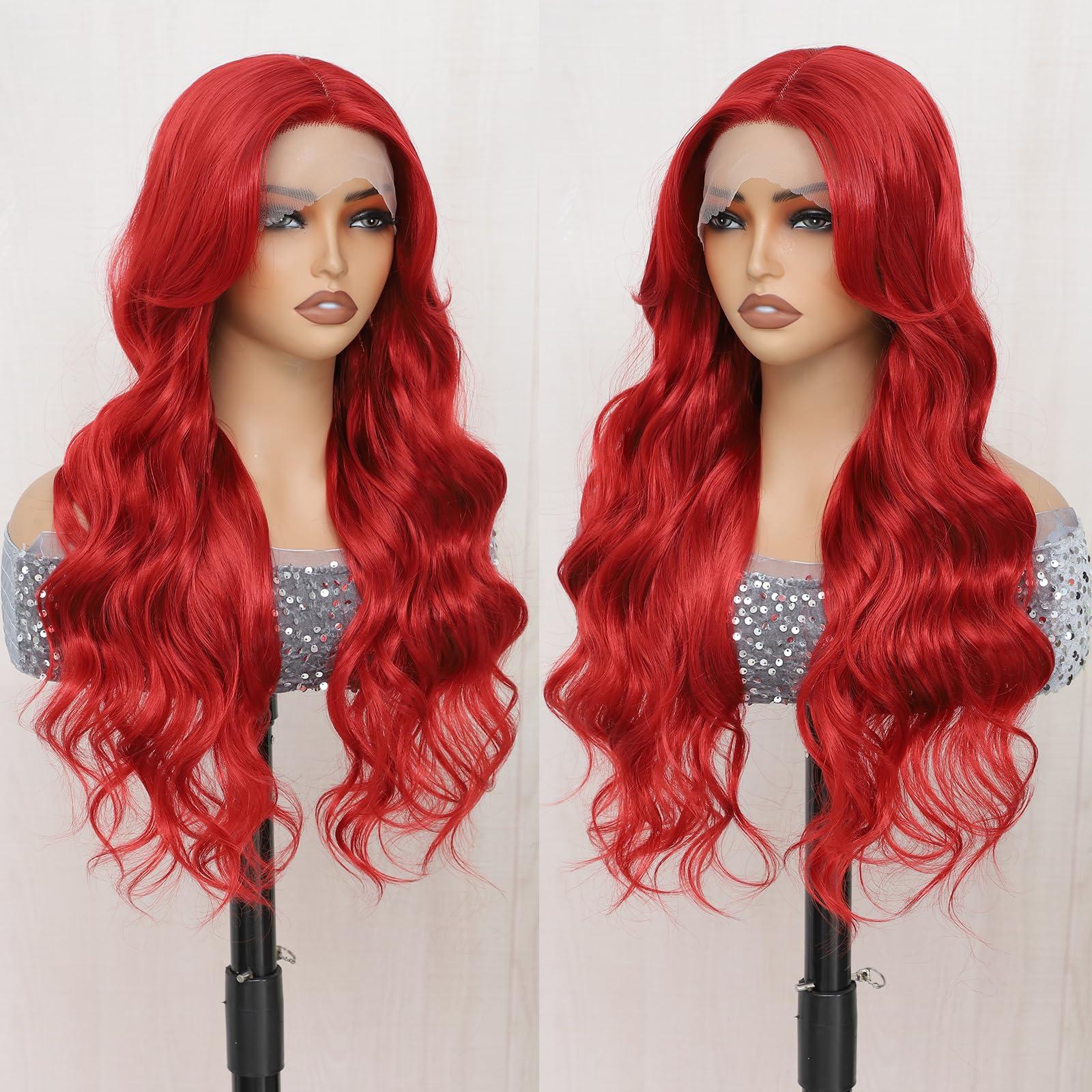Drehande Drehande Red Lace Front Wig Synthetic Lace Front Wig Body Wave Heat Resistant Hair 13x4x1 T-part Lace 26 Inch Pre-plucked Glueless Lace Wigs for Women (Red, 26Inch)