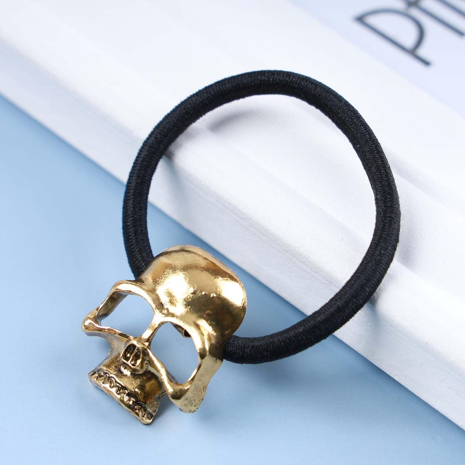 Aneneiceera Aneneiceera Gothic Viking Hair Accessories - Skull Ponytail Holder with Black Rope, Punk Skeleton Jewelry for Women and Girls (Gold)