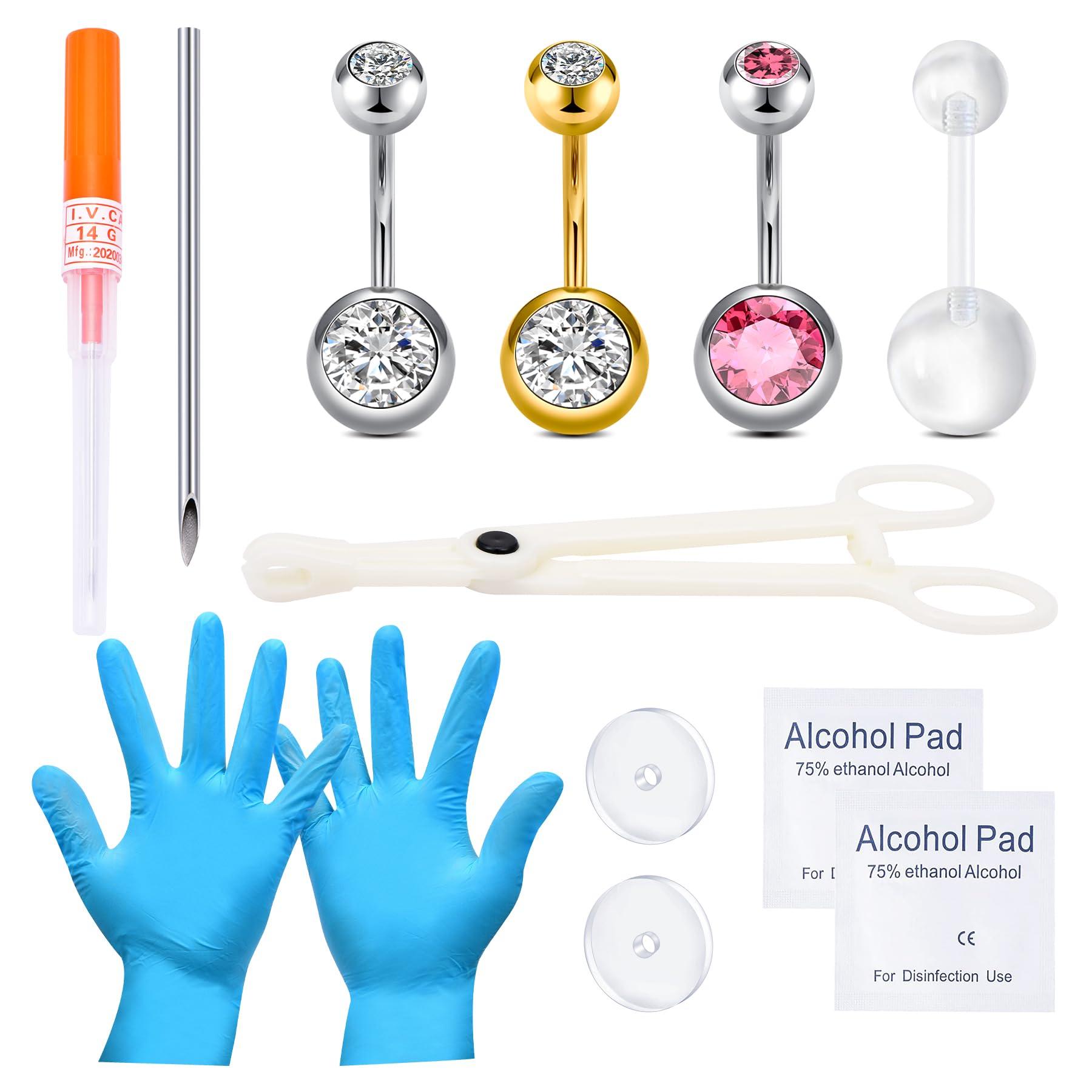 QWALIT QWALIT Belly Button Piercing Kit Belly Piercing Kit Belly Button Piercing Needle Navel Piercing Kit Belly Button Ring Piercing Kit Silver Gold Belly Piercing kit 14 gauge piercing needle
