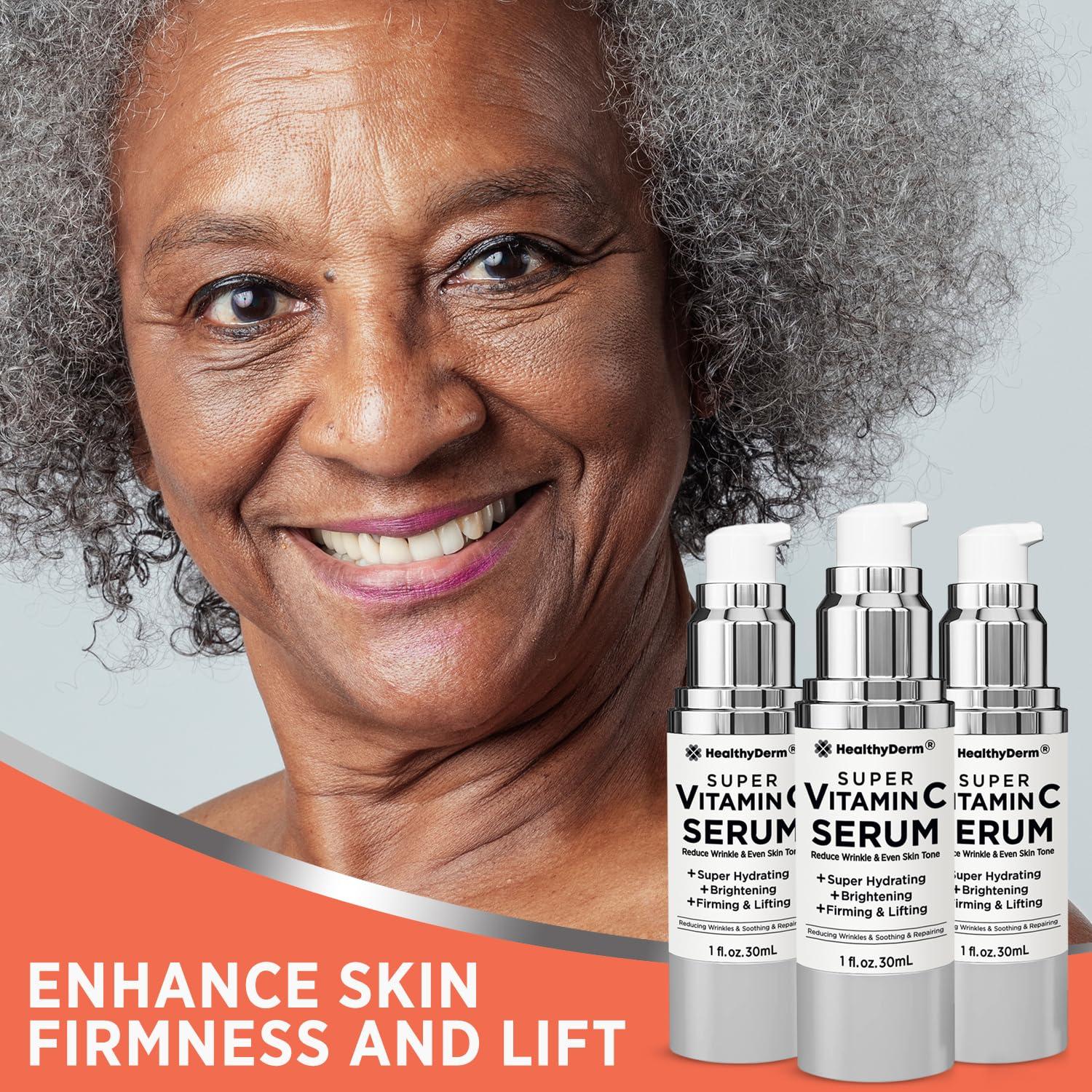HealthyDerm Super Vitamin C Serum for Women Over 70: Niacinamide, Vitamin C, Hyaluronic Acid, Peptides, Vitamin E, Caffeine, Bakuchiol, Hydrating, Lifting, Wrinkle & Age Spots Reduction Pack of 3