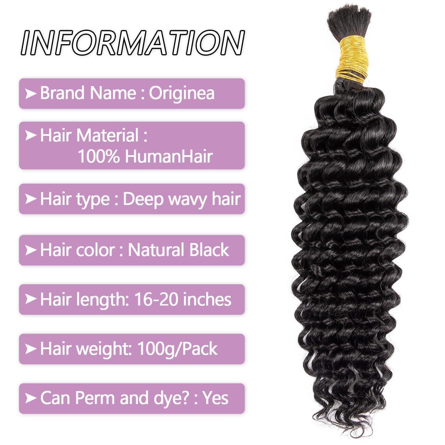 originea Human Braiding Hair 1 Bundle 100g Deep Water Wave Bulk Human Hair for Braiding No Weft 10A Brazilian Virgin Curly Human Hair Extensions for Boho Braids Wet and Wavy (Natural Black, 18Inch 50g)