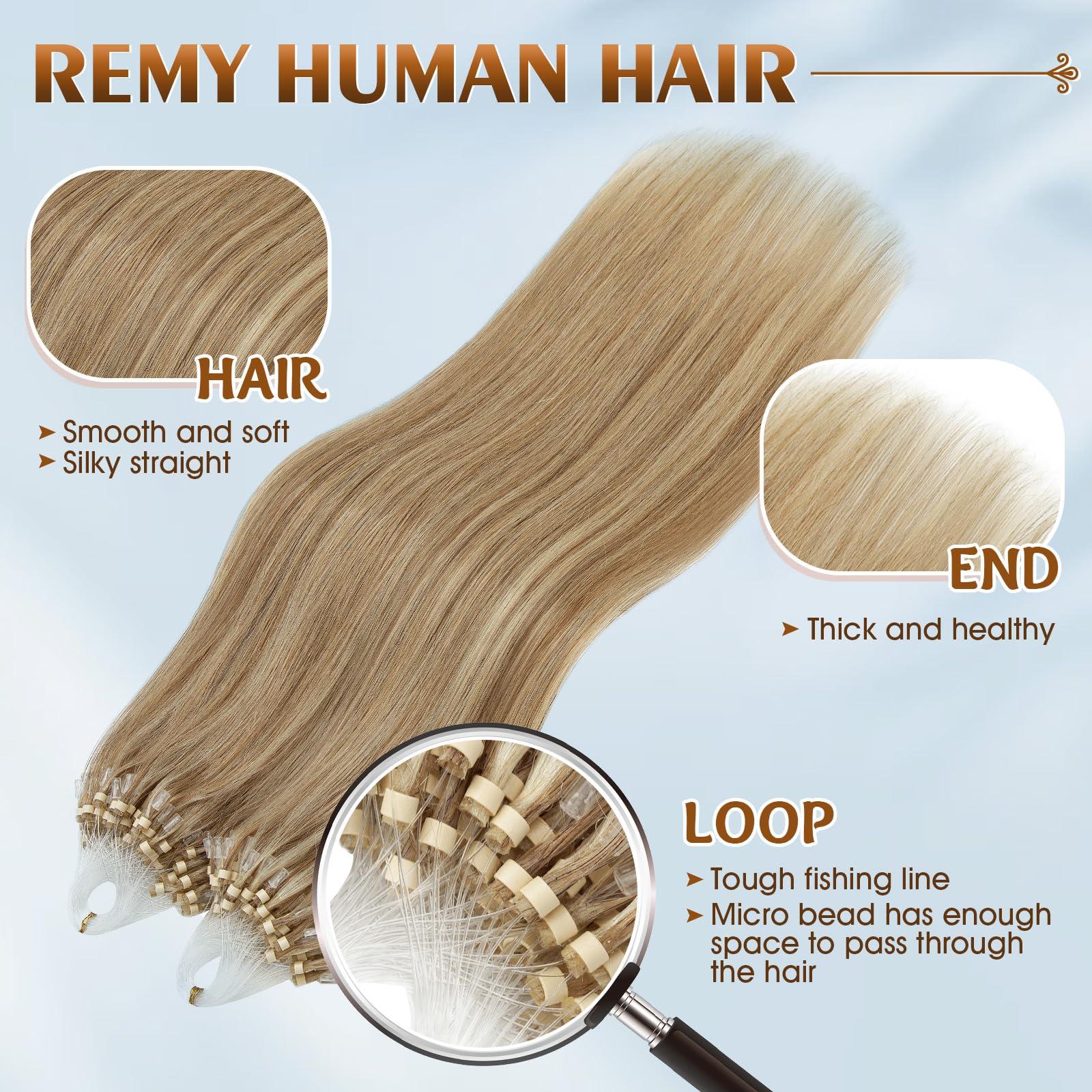 Benehair Benehair Micro Ring Human Hair Extensions Straight Micro Beads Hair Extensions Golden Brown&Bleach Blonde #12P613 50g 24Inch Remy Micro Loop Hair Extensions