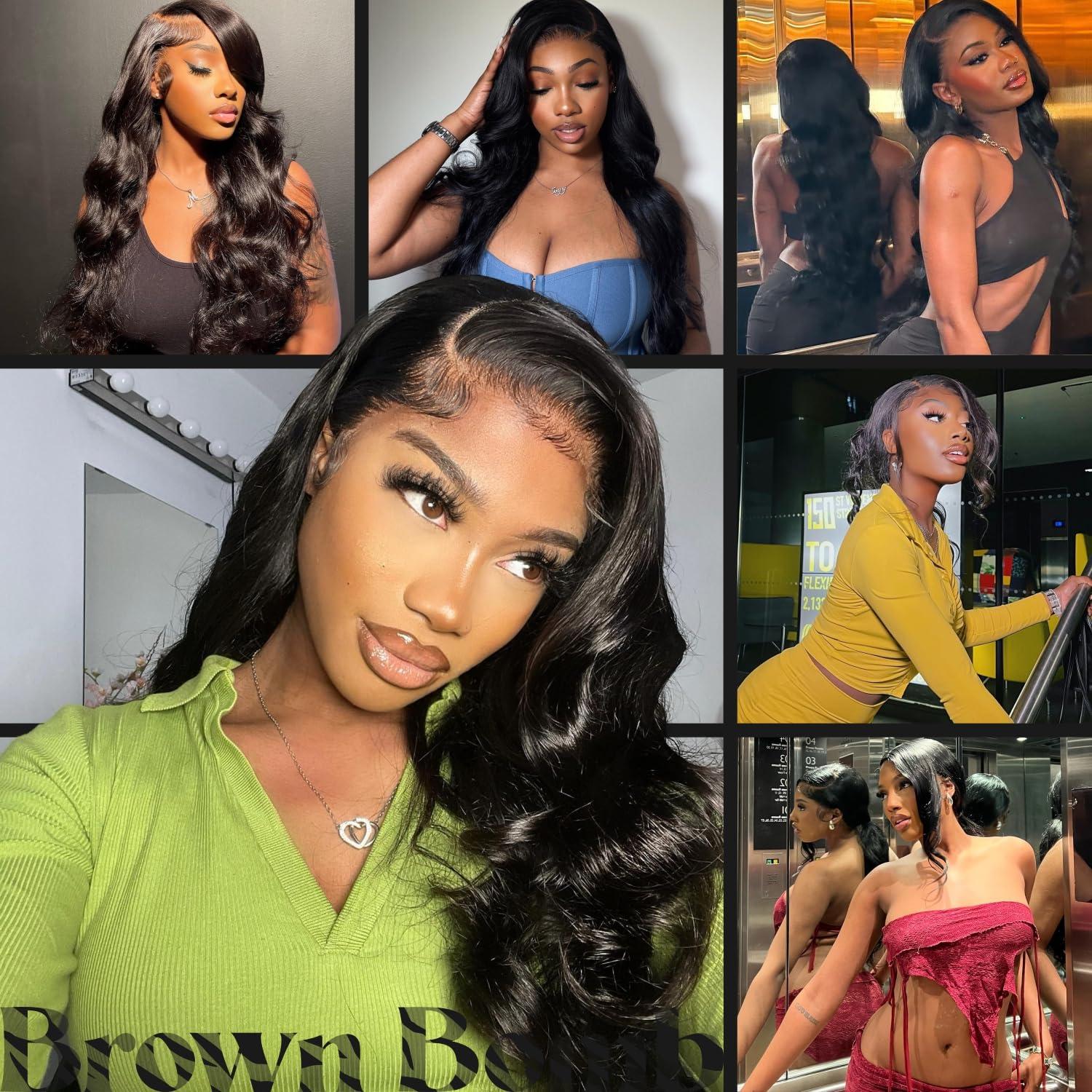 BrownBomb BrownBomb Bombshell Body Wave Wig, Synthetic Lace Front Wig Pre Plucked Glueless Ready to Wear, 13X5X1 Side Part HD Lace Wigs for Women 24inch, 1B Jet Black Wig Human Hair Luster