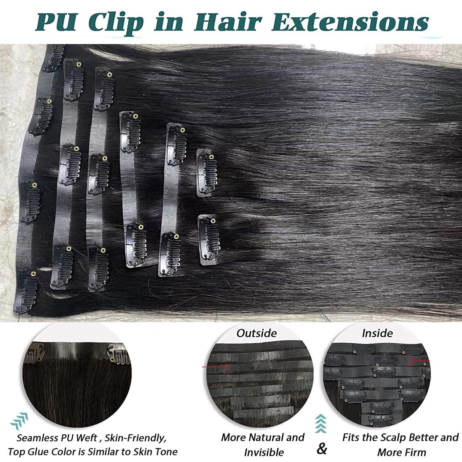 YOUNG BEAUTY Seamless Clip in Hair Extensions Real Human Hair Invisible PU Skin Weft Clip Ins Hair Silky Straight Double Weft Brazilian Hair 100g