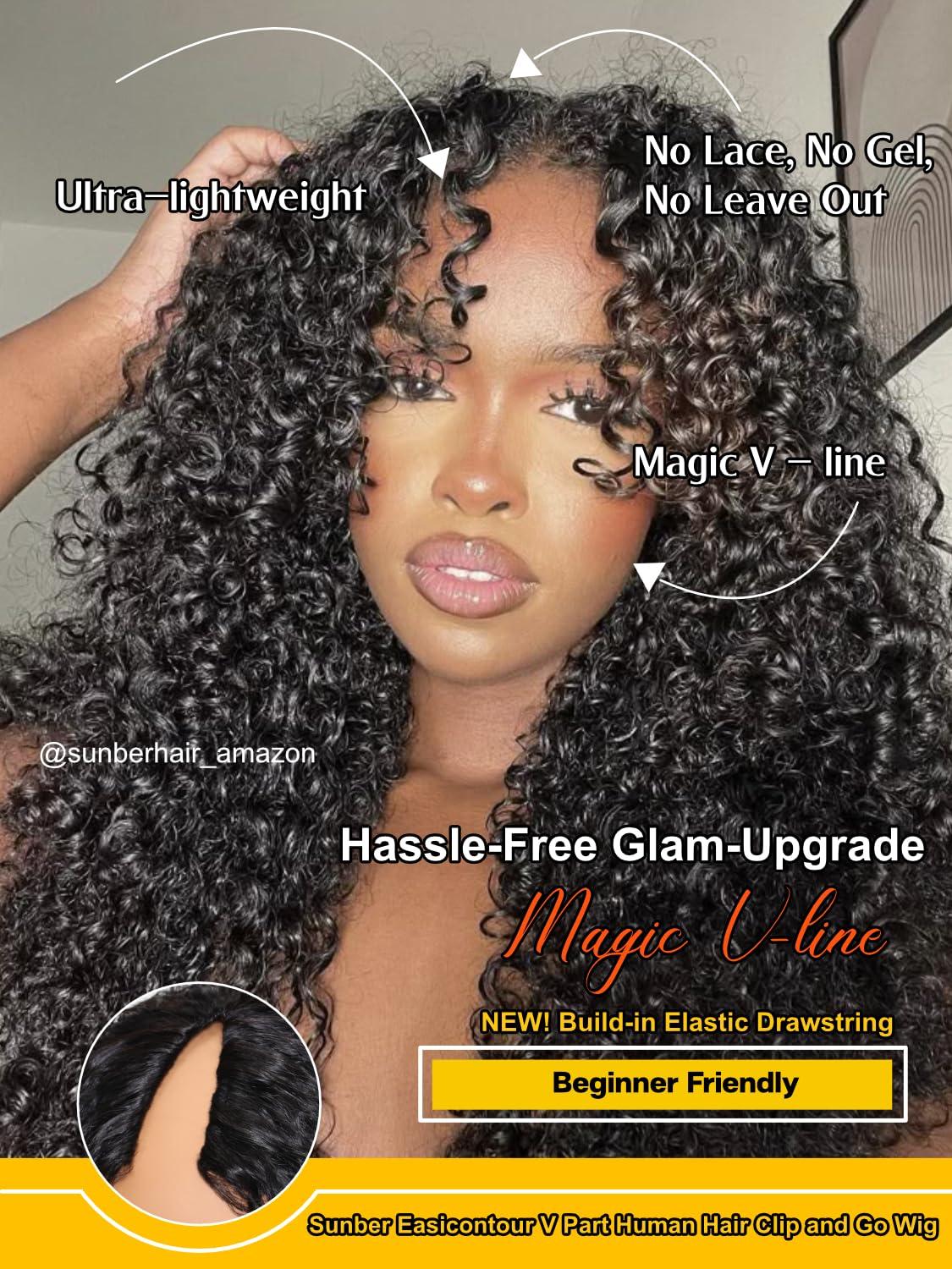 Sunber Sunber EasiContour V Part Wigs Human Hair Kinky Curly Upgrade Glueless U Part Human Hair Wig V Part Kinky Curly No Leave Out No Gel Beginner Friendly Clip in Vpart Wig 150% Density 14Inch