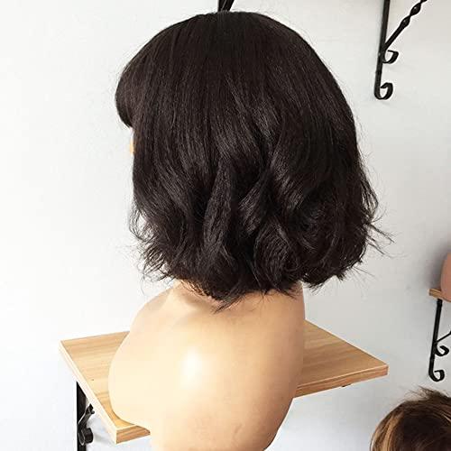 UMRHair 10inch Short Yaki Wavy Bob Human Hair Wig with Bangs 150% Density Short Cut Scalp Wig None Lace Italian Yaki Human Hair Wigs Glueless Wavy Black Bob Bangs Scalp Top Human Hair for Women