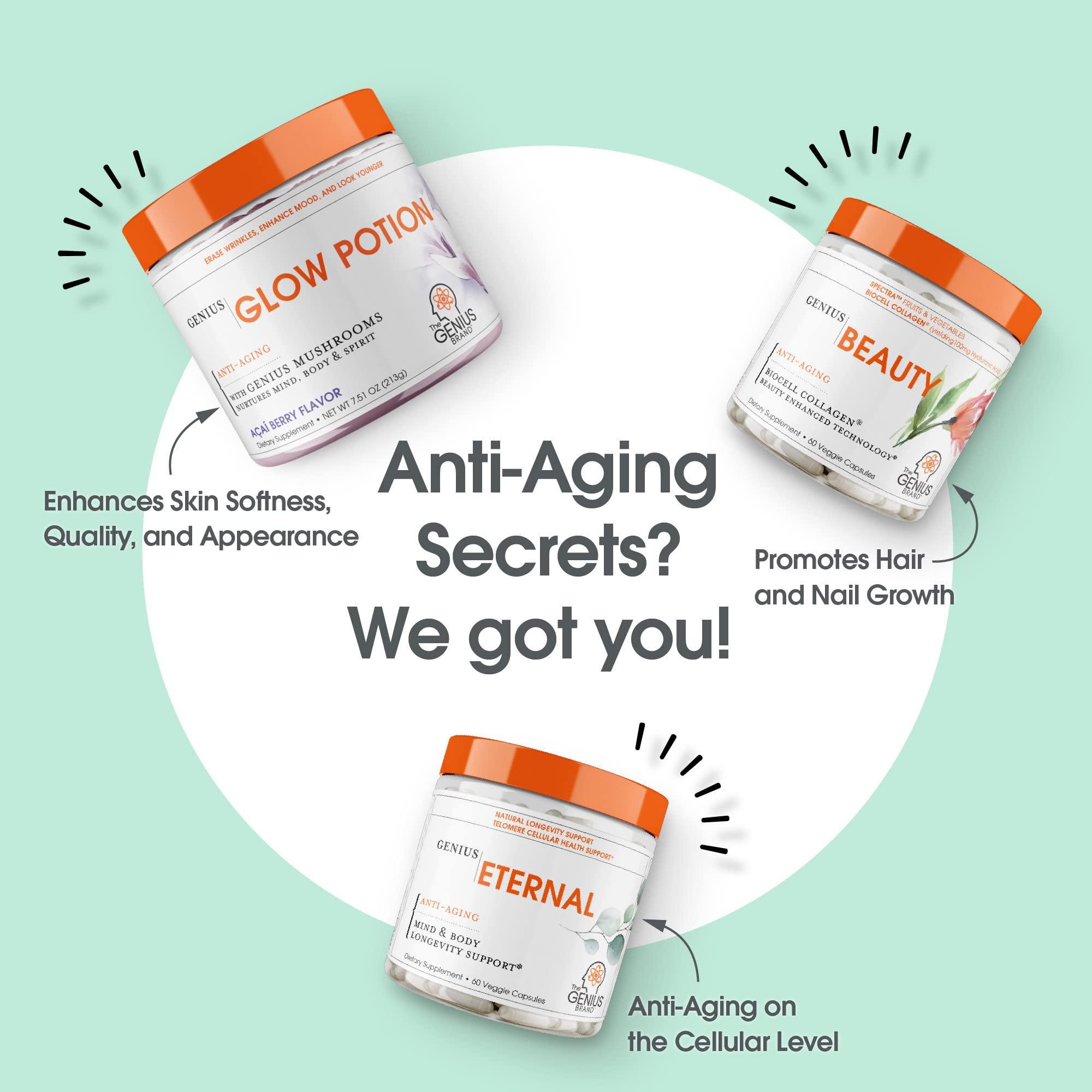 The Genius Brand The Genius Brand Glow Potion, Anti-Aging Supplement, Acai Berry Powder - Supplements for Glowing Skin with Genius Mushrooms - All-in-One Wrinkle, Fine Line, Dark Spot Remover & Boosts Skin Repair