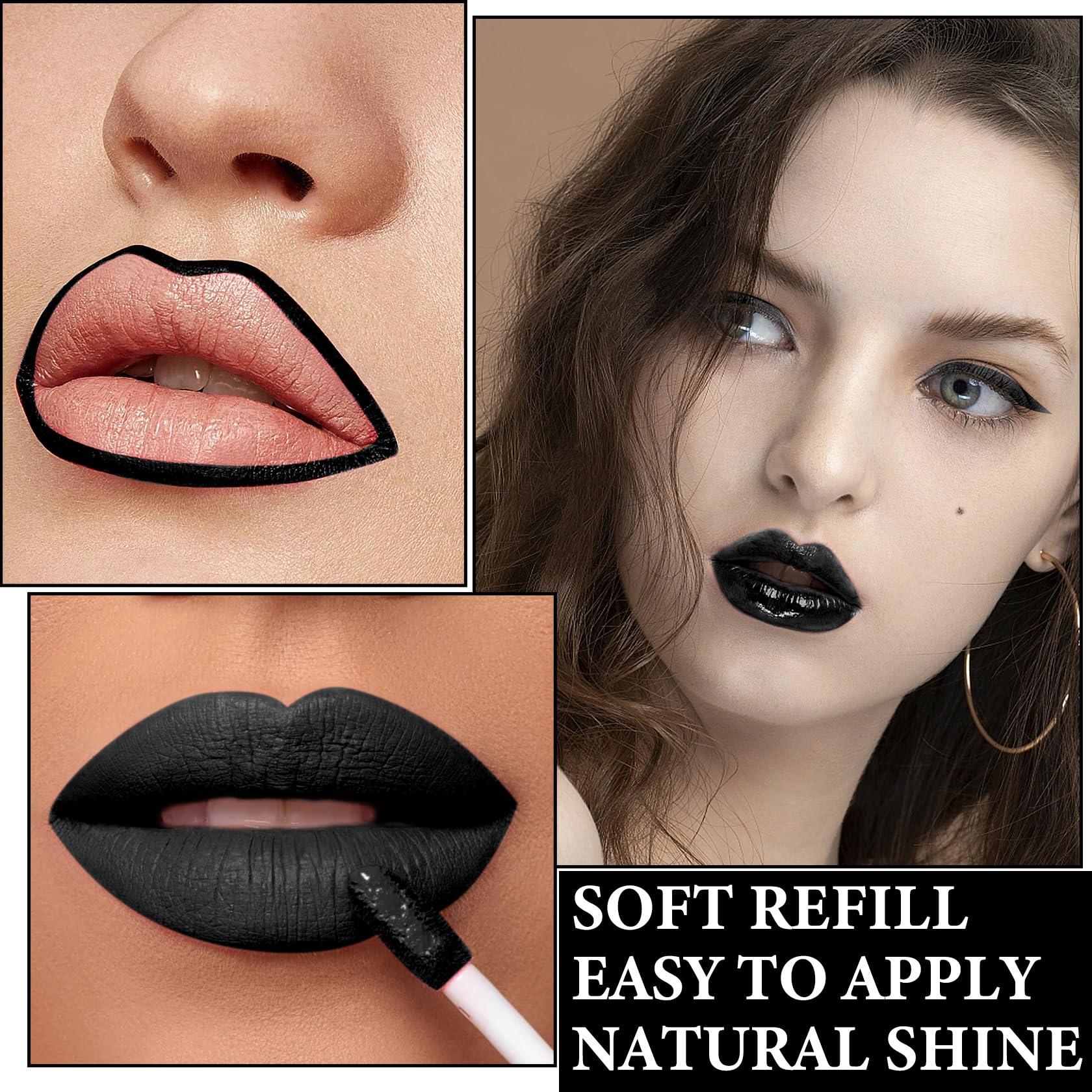 BKPPLZP Black Matte Liquid Lipstick,3 in 1 Black Lip Liner and Lipstick Set,Matte Lip Gloss Long Lasting Moisturizing Velvet Lipgloss Make Up Gift Set Cosplay Goth Halloween Special Effects Makeup Kit