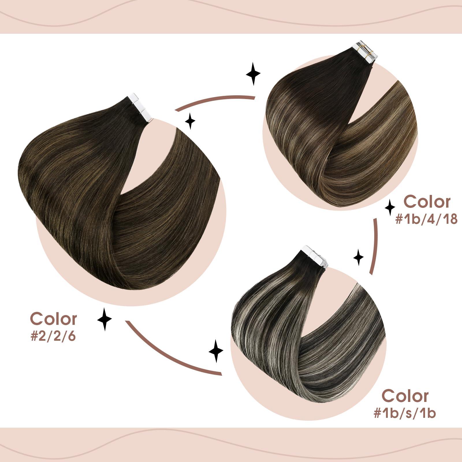 Sunny Hair Sunny Hair Extensions Real Human Hair Tape in Black Ombre Tape in Hair Extensions Human Hair Black Roots to Silver Grey Balayage Tape in Extensions Straight Hair Extension Black Ombre 20pcs 50g 20inch