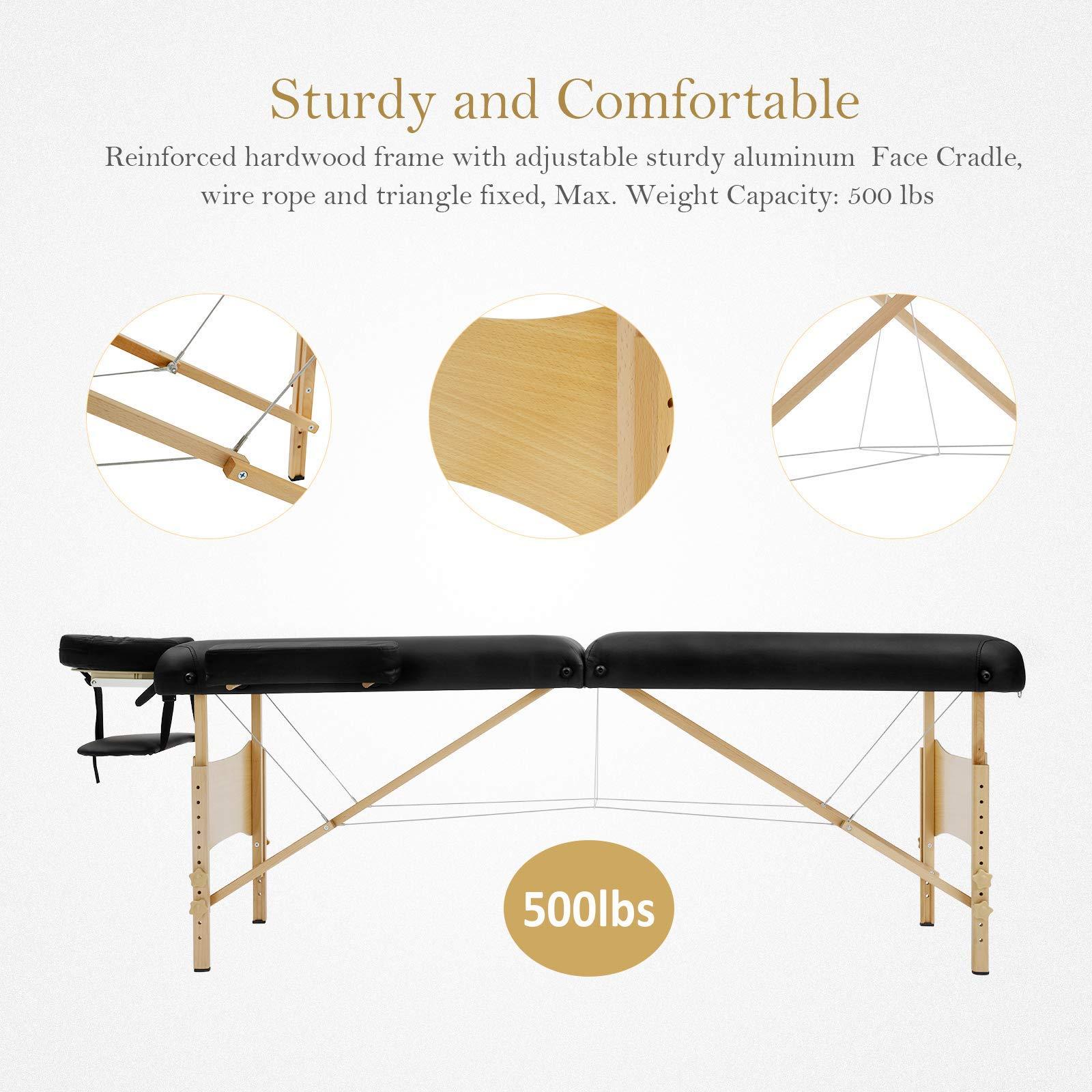 Infun Uenjoy Massage Table 84'' Professional Folding Massage Bed Deluxe Model with Extra Width, Ultra-thick Sponge, PU Leather Surface & Additional Accessories, 2 Fold, Black