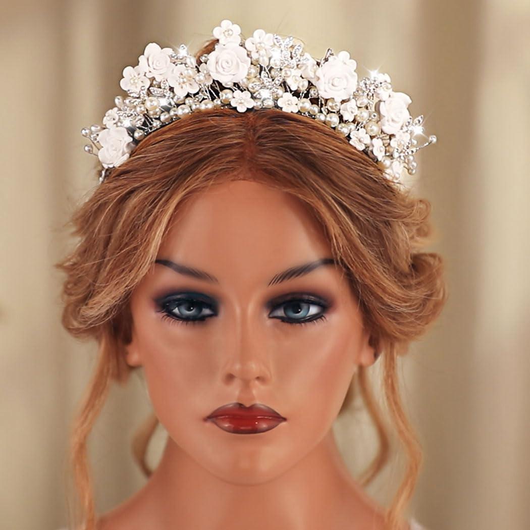 CAKURE CAKURE Flower Wedding Headband Silver Bridal Hair Band Pearl Floral Headpiece Wedding Hair Accessories for Women