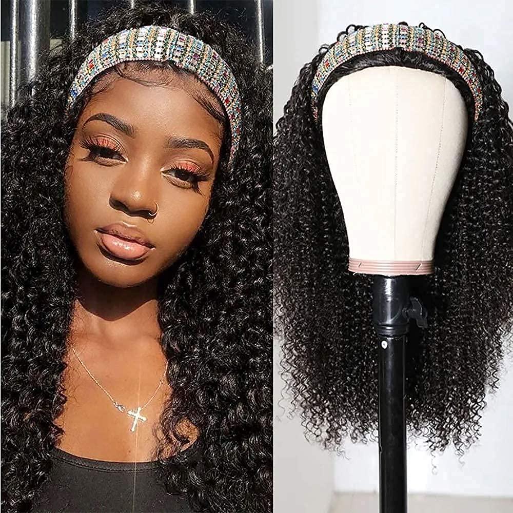 Nadula Nadula Hair Afro Kinky Curly Half Wigs Human Hair for African American Women, 100% Virgin Human Hair Headband Curly 3/4 Half Wigs Glueless Put and Go Beginner and Friendly 150% Density 14 Inch
