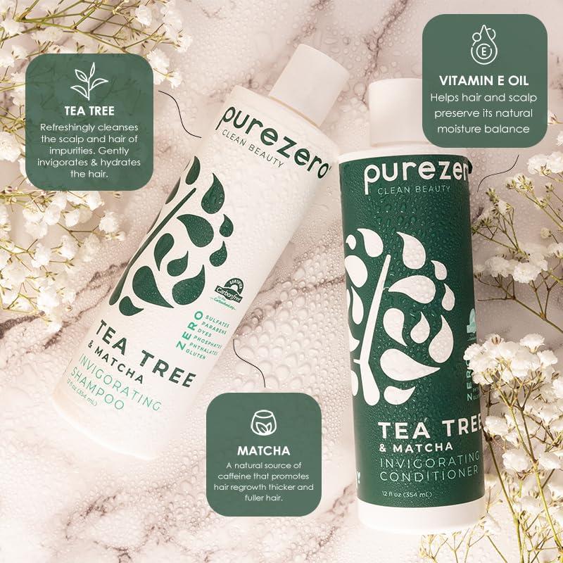 Purezero Purezero Tea Tree & Matcha Shampoo and Conditioner Set - Nourishing & Invigorating Scalp Treatment - Zero Sulfates, Parabens, Dyes Vegan and Cruely Free (12 Fl Oz (Pack of 2))