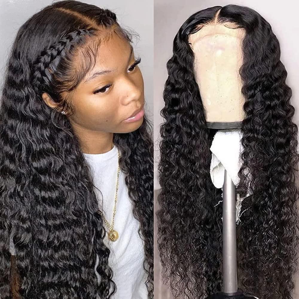 CHEETAHBEAUTY CHEETAHBEAUTY Deep Wave 13X6 HD Transparent Lace Front Wigs Brazilian 10A Grade Deep Curly Human Hair Wigs for Black Women Pre Plucked with Baby Hair Natural Black 180% Density (16inch)