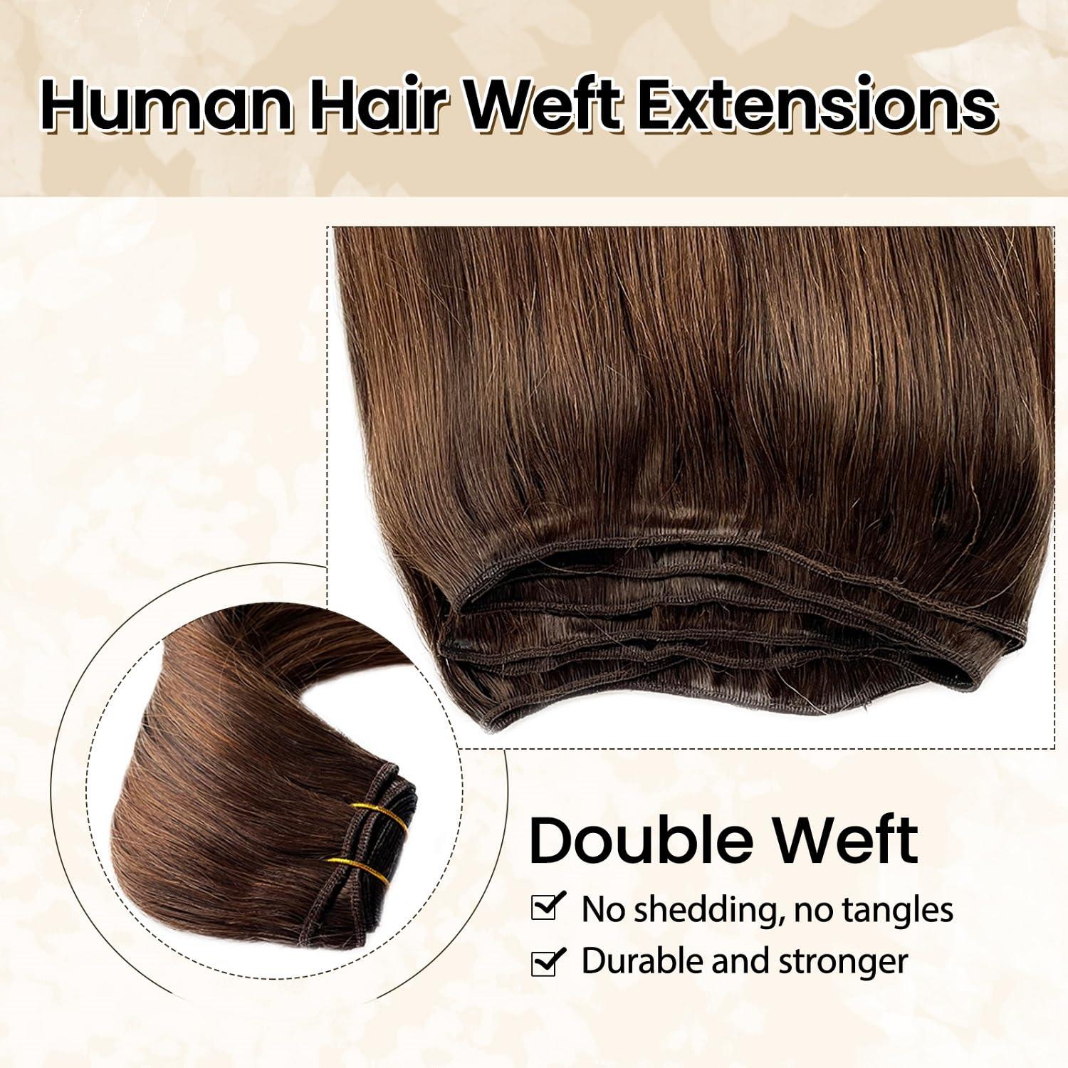 Benafee Sew in Weave Hair Bundles Ombre Dark Brown Mix Chocolate Brown Human Hair Weave Bundles 24 Inch Hand Tied Beaded Weft Hair Extensions Human Hair Extensions Sew in Hair Bundles Invisible Sew in Hair