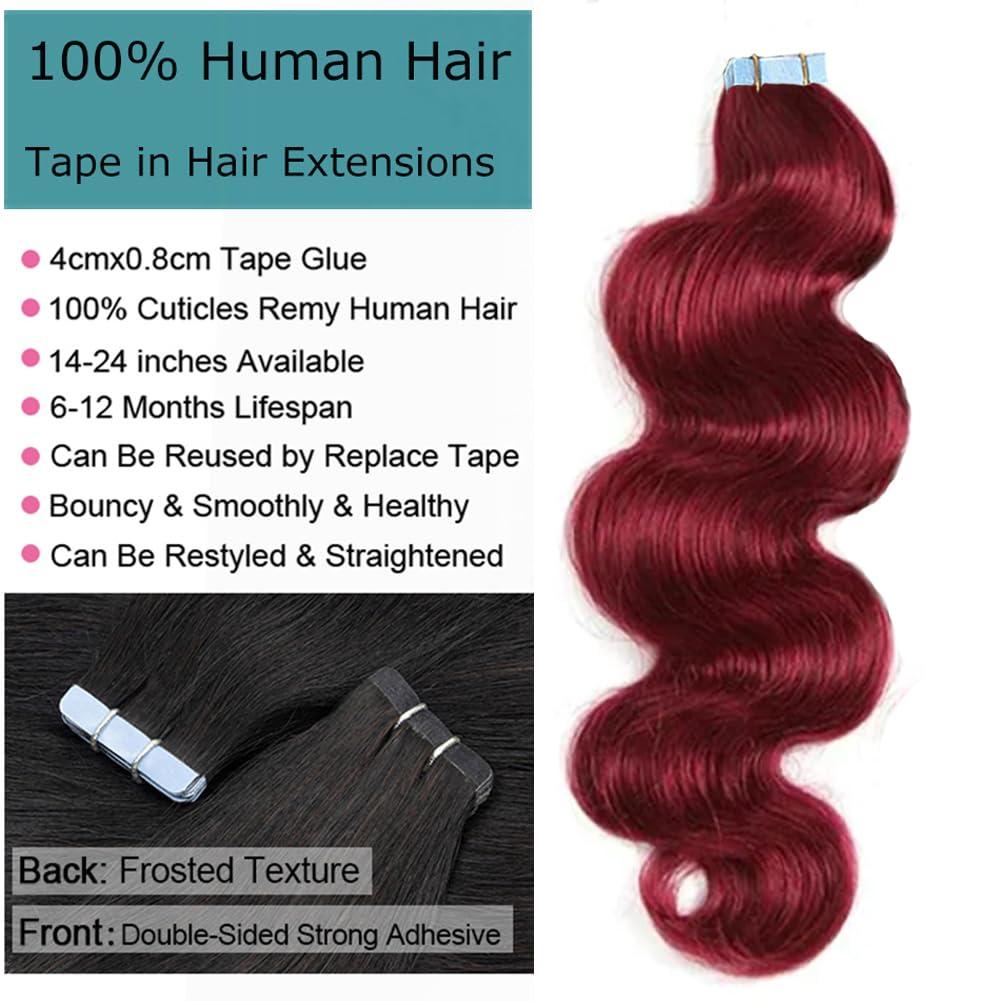 Kiss darling LASHES Tape in Hair Extenions 99j Burgundy 100% Remy Human Hair Tape in Body Wave 20inch 100g/40pcs Seamless Skin Weft Tape Hair Extensions Real Natural Hair Extensions