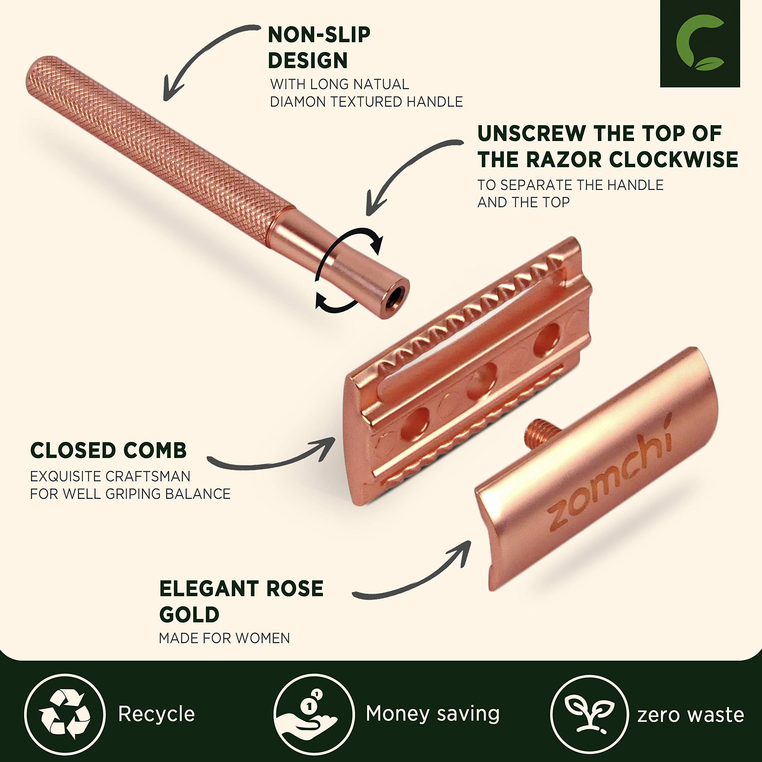 ZOMCHI Rose Gold Double Edge Safety Rzor+100 Counts Safety Razor Blades
