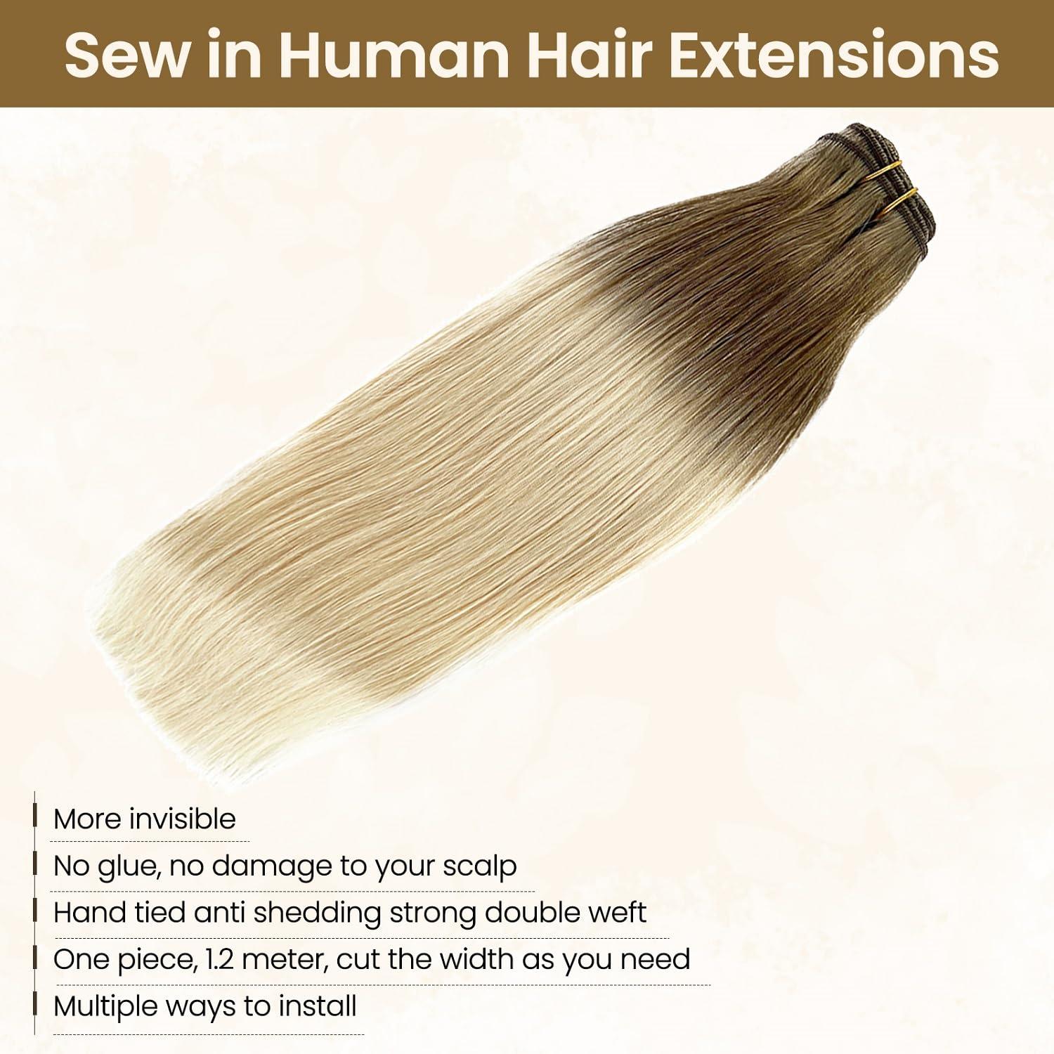 Benafee Sew in Weft Hair Extensions Human Hair, Ombre Hair Wefts Human Hair Sew in Bundles for Women Ash Brown to Platinum Blonde Human Hair Weft Sew in Genius Weft Hair Extensions Human Hair 14 Inch 80G